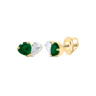 14K Yellow Gold Natural Emerald & Diamond Women's 4mm Heart Stud Earrings 1/3 CT