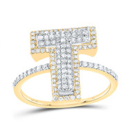 10k Yellow Gold Genuine Diamond Women's Block Font Letter T Initial Ring 1/2 CT