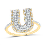 10k Yellow Gold Genuine Diamond Women's Block Font Letter U Initial Ring 1/2 CT