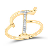 10k Yellow Gold Genuine Diamond Women Script Font Letter T Initial Ring 1/20 CT