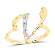 10k Yellow Gold Genuine Diamond Women Script Font Letter V Initial Ring 1/20 CT