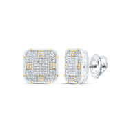 925 Sterling Silver Two Tone Real Diamond 10mm Cross Square Stud Earrings 1/2 CT