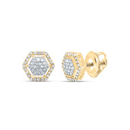 10K Yellow Gold Genuine Diamond 11mm Cluster Halo Hexagon Stud Earrings 1/3 CT