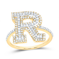 10k Yellow Gold Genuine Diamond Modern Block Font Letter R Initial Ring 5/8 CT