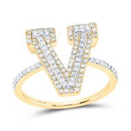 10k Yellow Gold Genuine Diamond Modern Block Font Letter V Initial Ring 1/2 CT