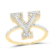 10k Yellow Gold Genuine Diamond Modern Block Font Letter Y Initial Ring 3/8 CT