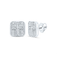 925 Sterling Silver Genuine Diamond 10mm Cross in Octagon Stud Earrings 1/8 CT