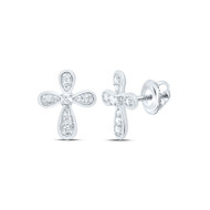 925 Sterling Silver Real Diamond Women's 10mm Budded Cross Stud Earrings 1/10 CT