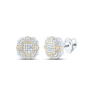 925 Sterling Silver Two Tone Real Diamond 10mm Domed Octagon Sud Earrings 1/3 CT