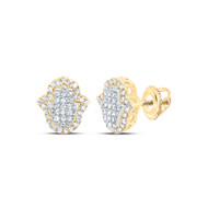 10K Yellow Gold Real Diamond Unisex 10mm Tiered Hamsa Hand Stud Earrings 1/3 CT