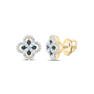10K Yellow Gold Blue Diamond Women's Floral 4 Leaf Clover Stud Earrings 1/5 CT