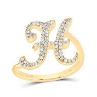 14k Yellow Gold Genuine Diamond Cursive Font Letter H Initial Bypass Ring 1/4 CT