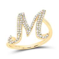 14k Yellow Gold Genuine Diamond Cursive Font Letter M Initial Bypass Ring 1/4 CT