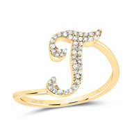 14k Yellow Gold Genuine Diamond Cursive Font Letter T Initial Bypass Ring 1/8 CT
