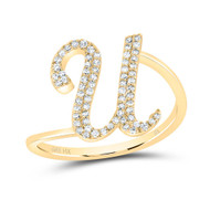 14k Yellow Gold Genuine Diamond Cursive Font Letter U Initial Bypass Ring 1/5 CT
