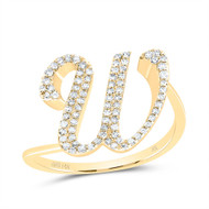 14k Yellow Gold Genuine Diamond Cursive Font Letter W Initial Bypass Ring 1/4 CT
