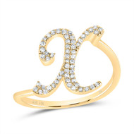 14k Yellow Gold Genuine Diamond Cursive Font Letter X Initial Bypass Ring 1/6 CT
