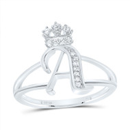 .925 Sterling Silver Genuine Diamond Script Initial A Tiara / Crown Ring 1/12 CT