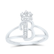 .925 Sterling Silver Genuine Diamond Script Initial B Tiara / Crown Ring 1/12 CT
