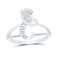 .925 Sterling Silver Genuine Diamond Script Initial C Tiara / Crown Ring 1/12 CT
