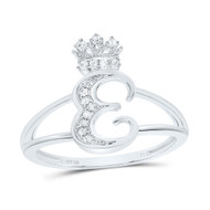 .925 Sterling Silver Genuine Diamond Script Initial E Tiara / Crown Ring 1/10 CT