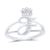 .925 Sterling Silver Genuine Diamond Script Initial F Tiara / Crown Ring 1/12 CT