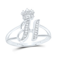 .925 Sterling Silver Genuine Diamond Script Initial H Tiara / Crown Ring 1/8 CT