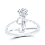.925 Sterling Silver Genuine Diamond Script Initial I Tiara / Crown Ring 1/12 CT