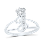 .925 Sterling Silver Genuine Diamond Script Initial J Tiara / Crown Ring 1/12 CT