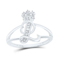 .925 Sterling Silver Genuine Diamond Script Initial L Tiara / Crown Ring 1/12 CT
