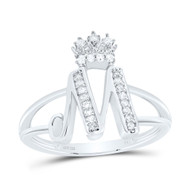 .925 Sterling Silver Genuine Diamond Script Initial M Tiara / Crown Ring 1/8 CT