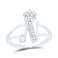 .925 Sterling Silver Genuine Diamond Script Initial N Tiara / Crown Ring 1/12 CT