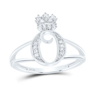 .925 Sterling Silver Genuine Diamond Script Initial O Tiara / Crown Ring 1/10 CT