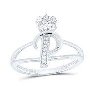 .925 Sterling Silver Genuine Diamond Script Initial P Tiara / Crown Ring 1/12 CT