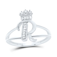 .925 Sterling Silver Genuine Diamond Script Initial R Tiara / Crown Ring 1/12 CT