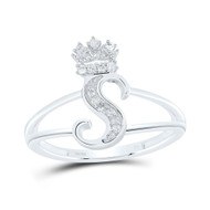 .925 Sterling Silver Genuine Diamond Script Initial S Tiara / Crown Ring 1/12 CT