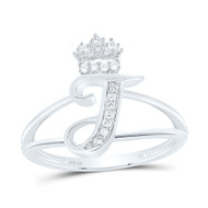 .925 Sterling Silver Genuine Diamond Script Initial T Tiara / Crown Ring 1/12 CT