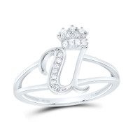 .925 Sterling Silver Genuine Diamond Script Initial U Tiara / Crown Ring 1/12 CT