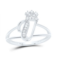.925 Sterling Silver Genuine Diamond Script Initial V Tiara / Crown Ring 1/12 CT