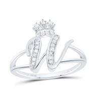 .925 Sterling Silver Genuine Diamond Script Initial W Tiara / Crown Ring 1/10 CT
