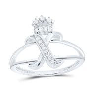.925 Sterling Silver Genuine Diamond Script Initial X Tiara / Crown Ring 1/10 CT