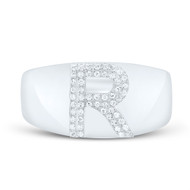 Sterling Silver Genuine Diamond Men's Block Letter R Initial Pinky Ring 1/6 CT