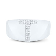 Sterling Silver Genuine Diamond Men's Block Letter T Initial Pinky Ring 1/10 CT