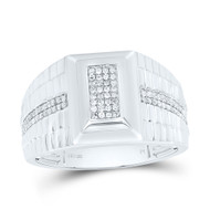 Sterling Silver Real Diamond Scalloped Oblong Domed Rectangle Pinky Ring 1/4 CT