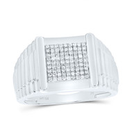 925 Sterling Silver Natural Diamond 14mm Tiered Grooves Square Pinky Ring 1/3 CT