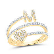 14K Yellow Gold Diamond Women's Block Letter M Initial & Heart Wrap Ring 3/8 CT