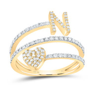 10K Yellow Gold Diamond Women's Block Letter N Initial & Heart Wrap Ring 3/8 CT