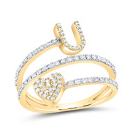 14K Yellow Gold Diamond Women's Block Letter U Initial & Heart Wrap Ring 3/8 CT