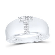 .925 Sterling Silver Diamond Women's Block Letter T Initial Band Ring 1/20 CT