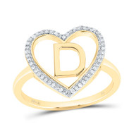 10K Yellow Gold Diamond Women's Block Letter D Initial Heart Frame Ring 1/10 CT